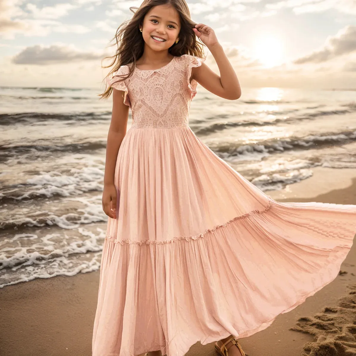 3-14 years Girls Lace Boho Long Dresses, Flower Girls Dress