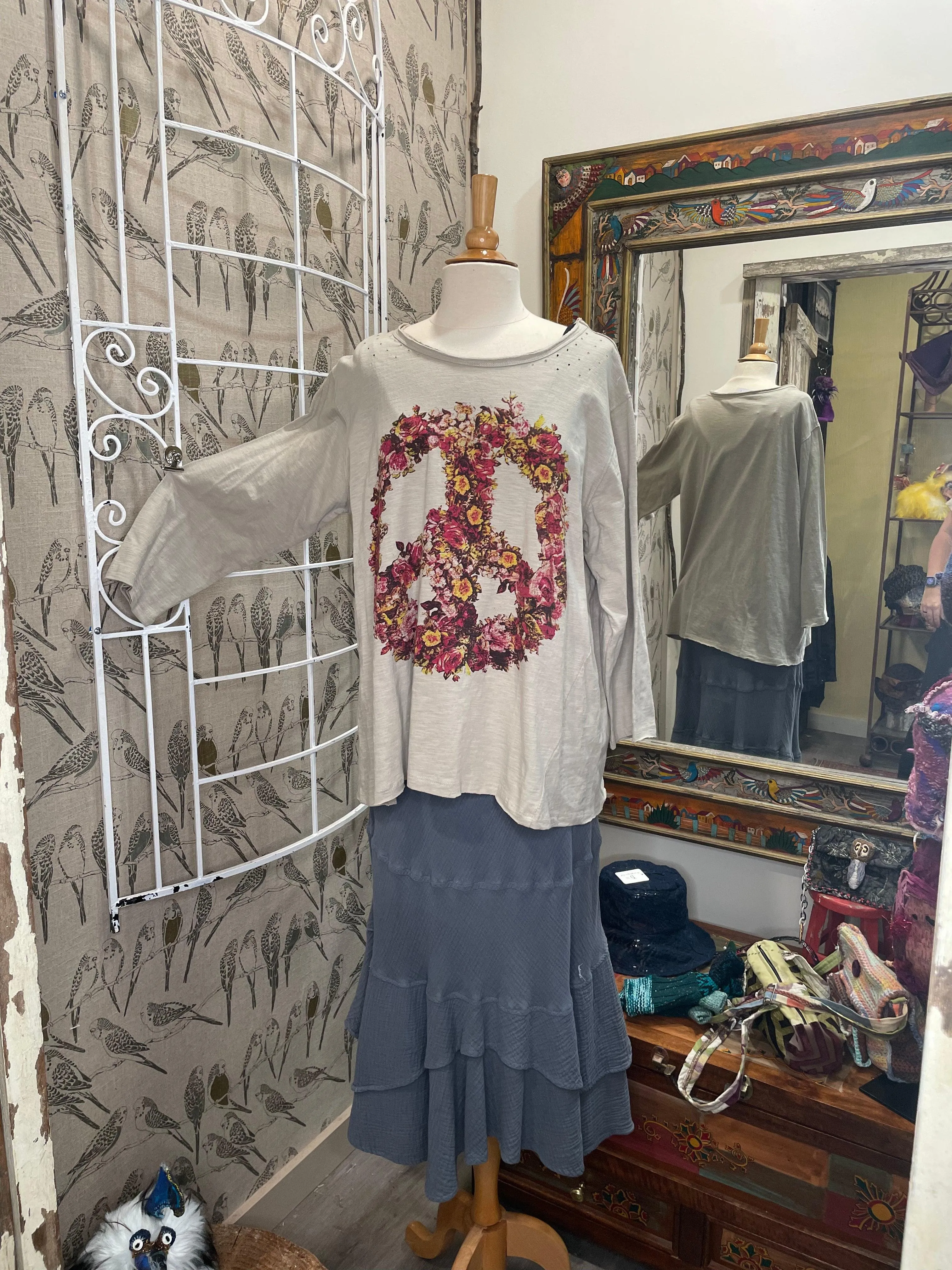 3/4 Sleeve Distressed Tee in Floral Peace by Paper Lace