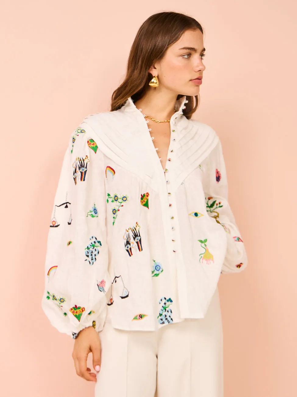 Alemais Atticus Embroidered Shirt in Cream