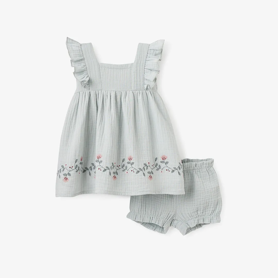 Aqua Embroidered Organic Muslin Dress w/Blmr