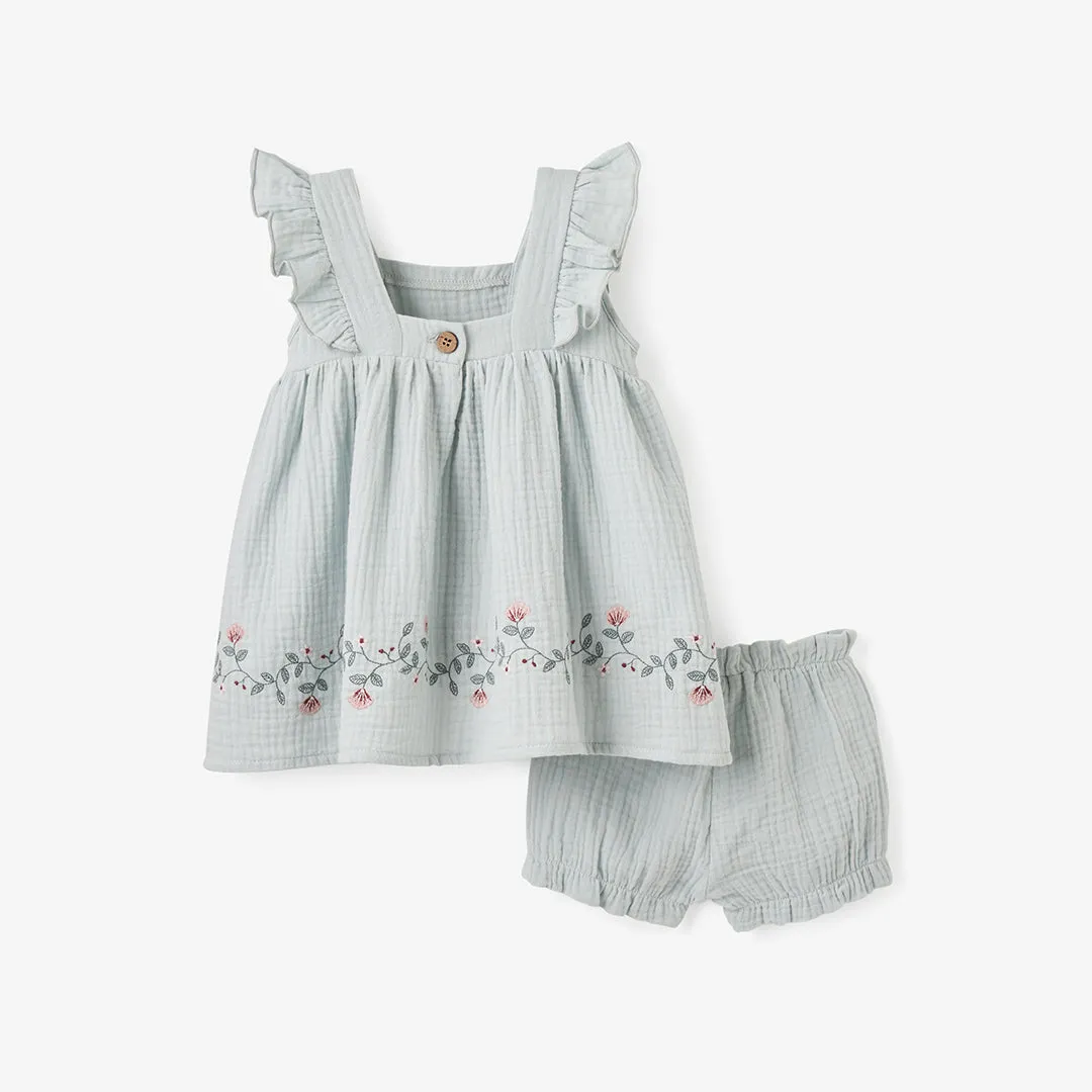 Aqua Embroidered Organic Muslin Dress w/Blmr