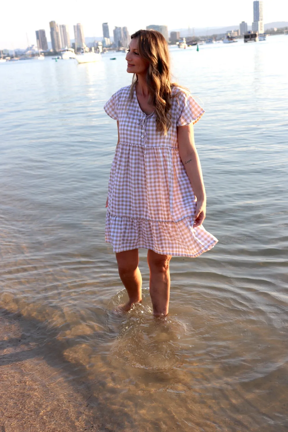 Baby Doll Button Up Dress In Cotton Gingham Taupe