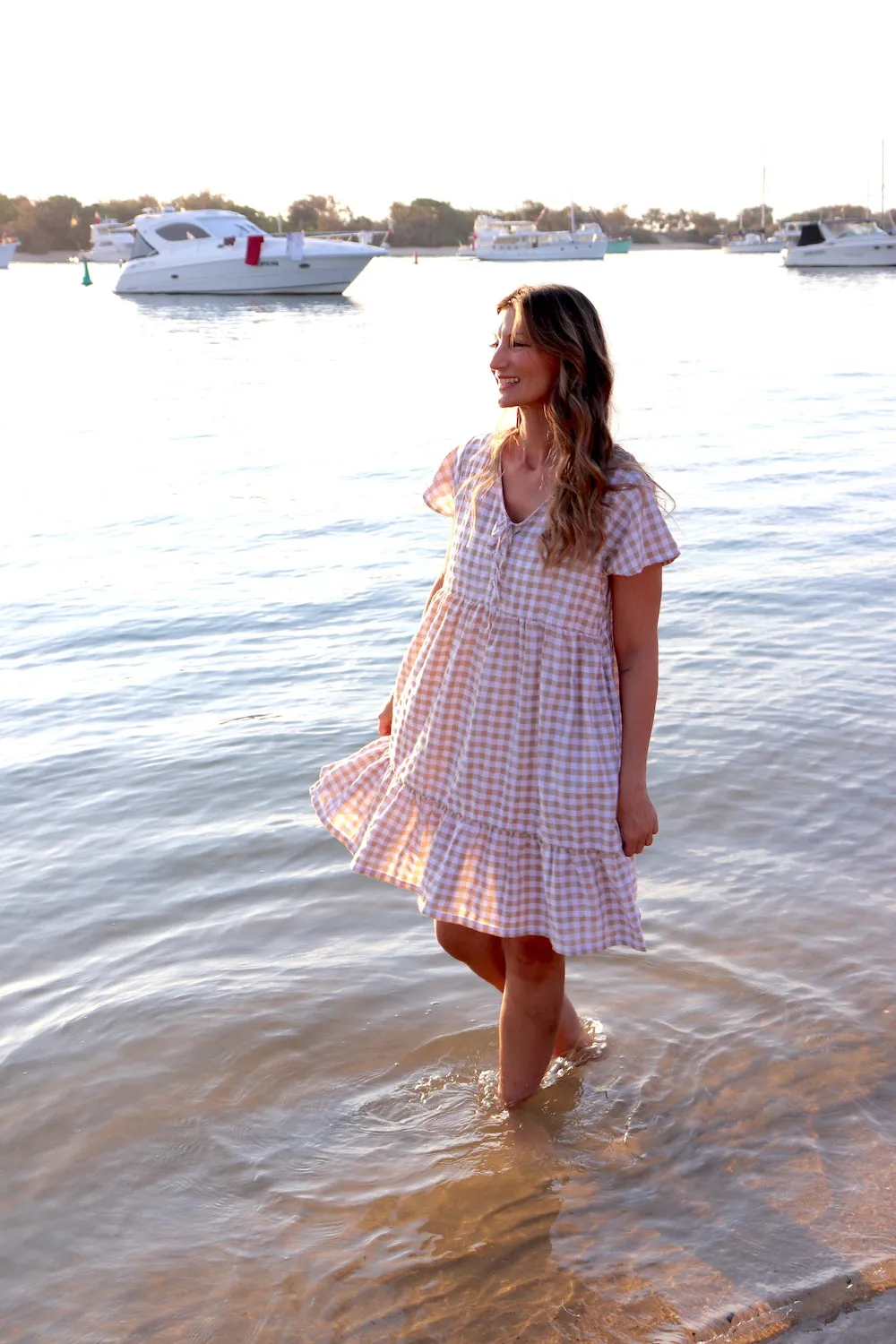 Baby Doll Button Up Dress In Cotton Gingham Taupe