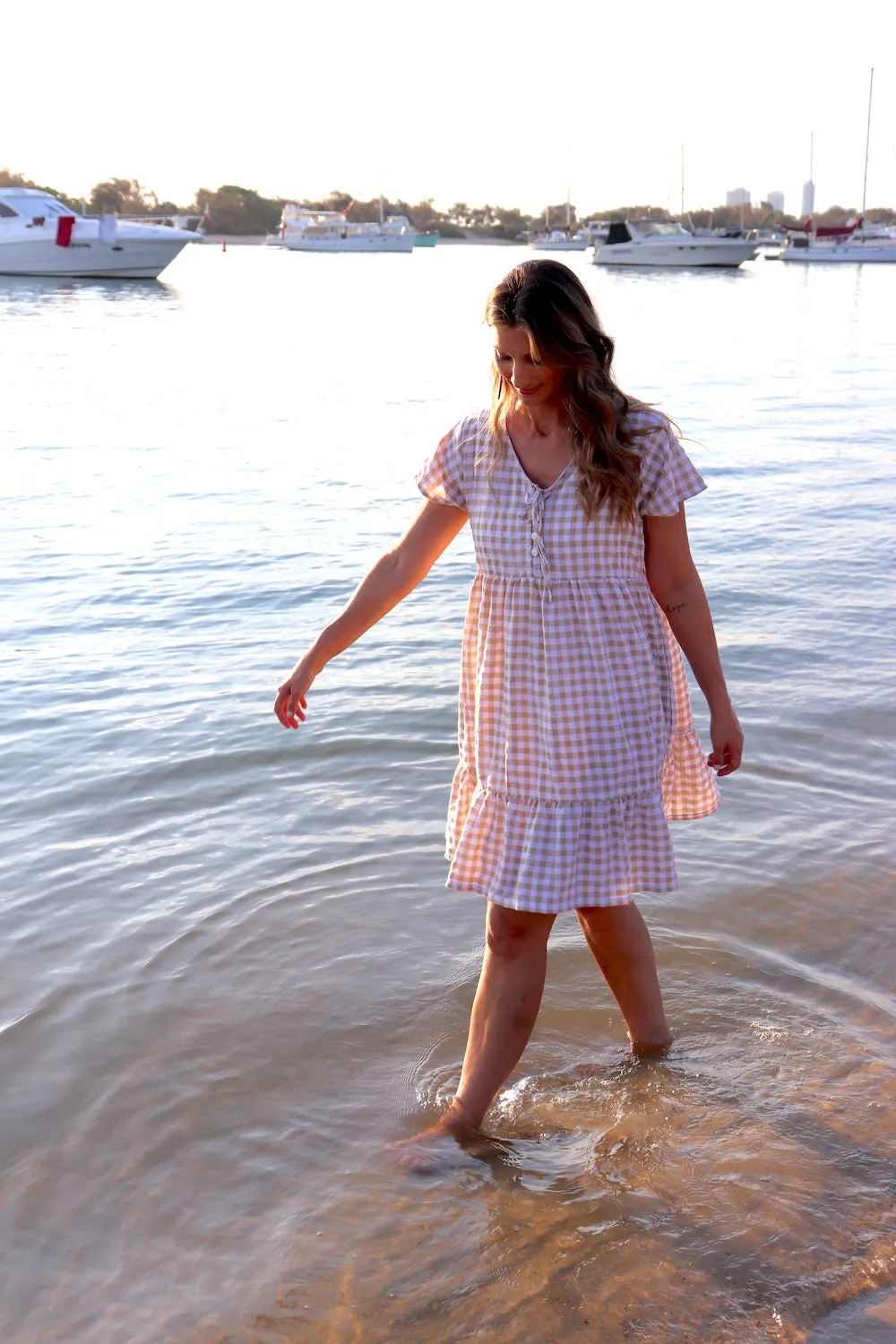 Baby Doll Button Up Dress In Cotton Gingham Taupe