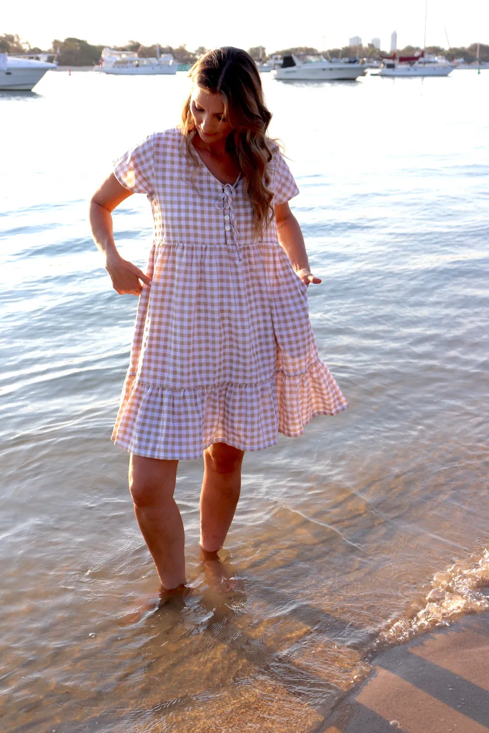 Baby Doll Button Up Dress In Cotton Gingham Taupe