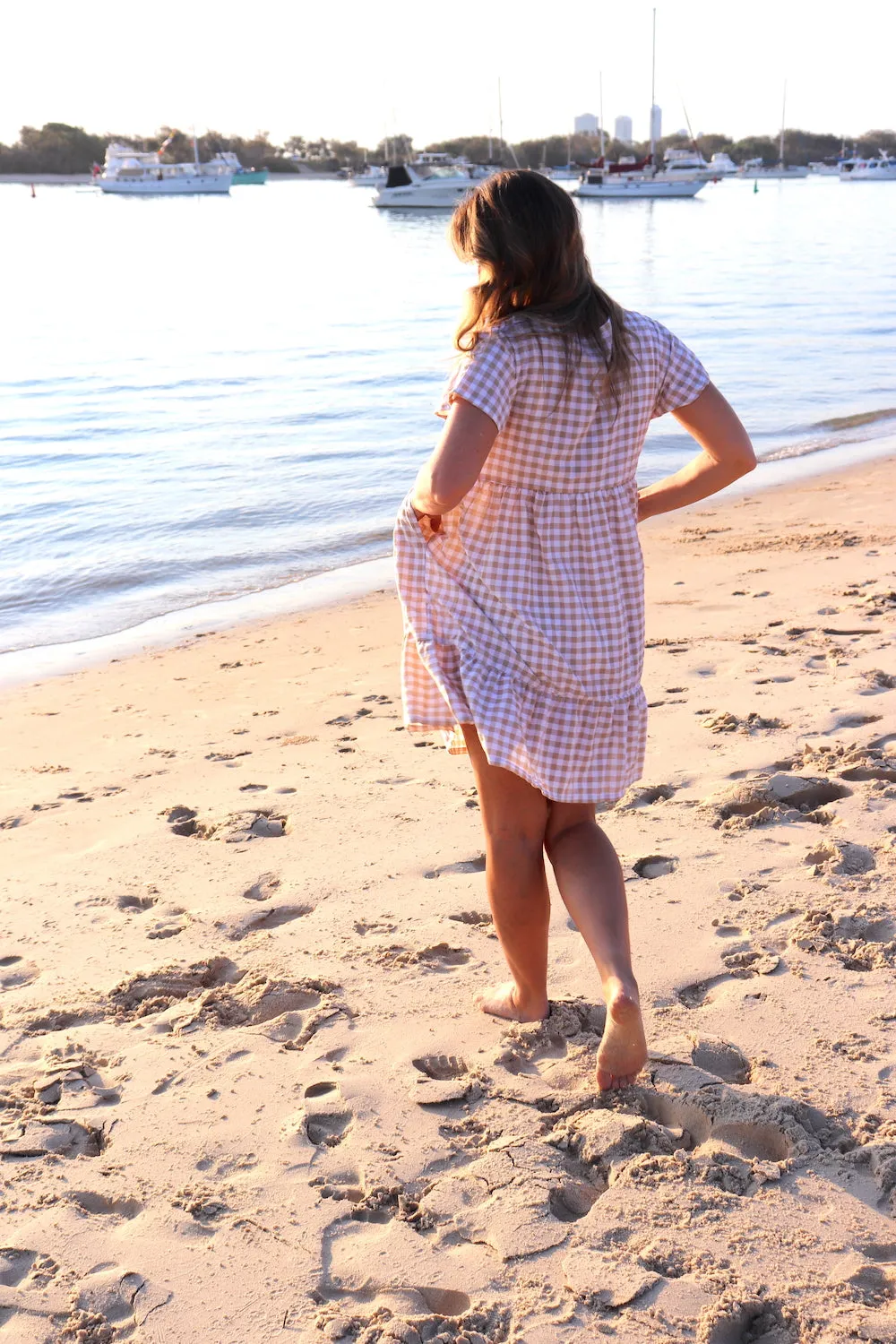 Baby Doll Button Up Dress In Cotton Gingham Taupe