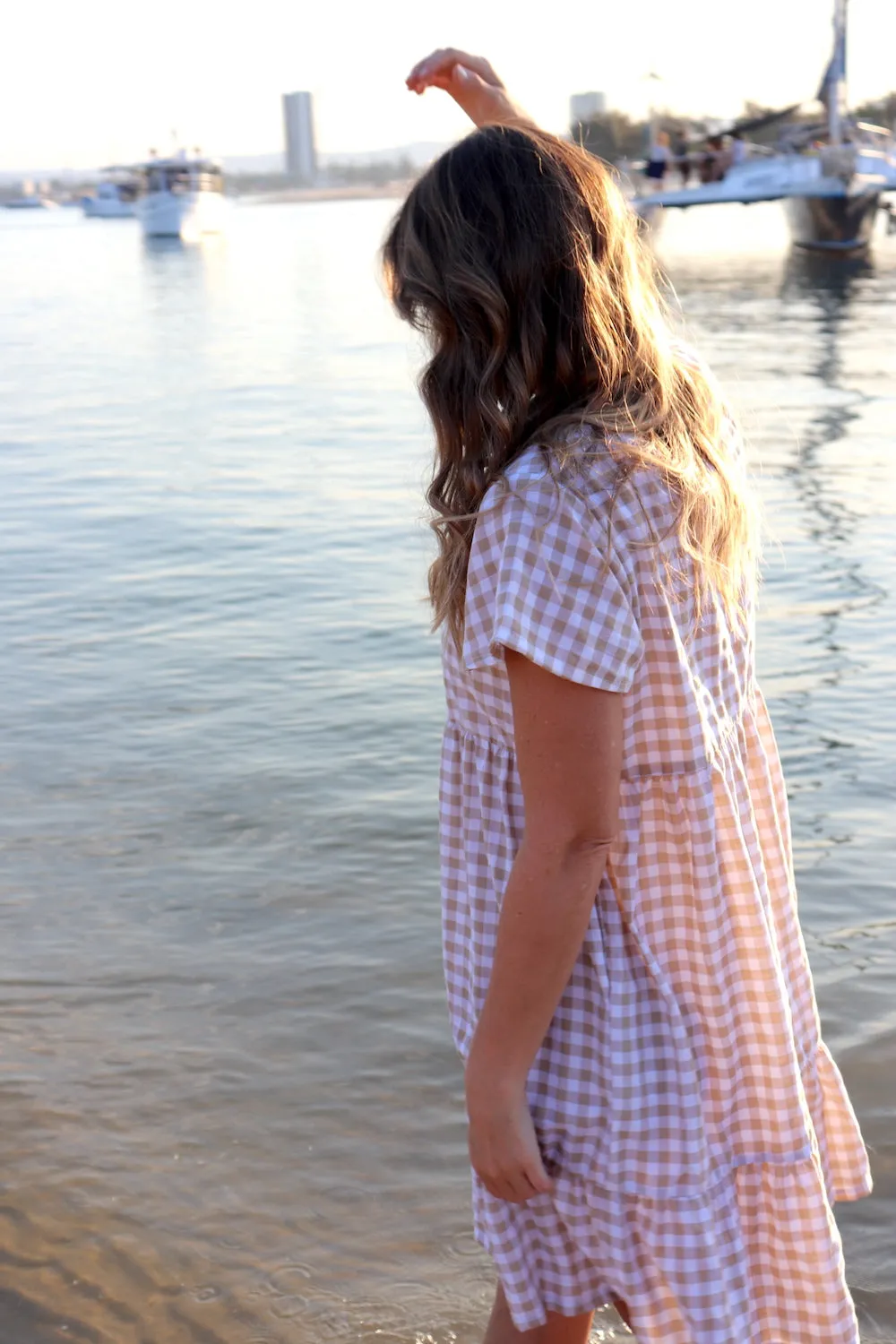 Baby Doll Button Up Dress In Cotton Gingham Taupe