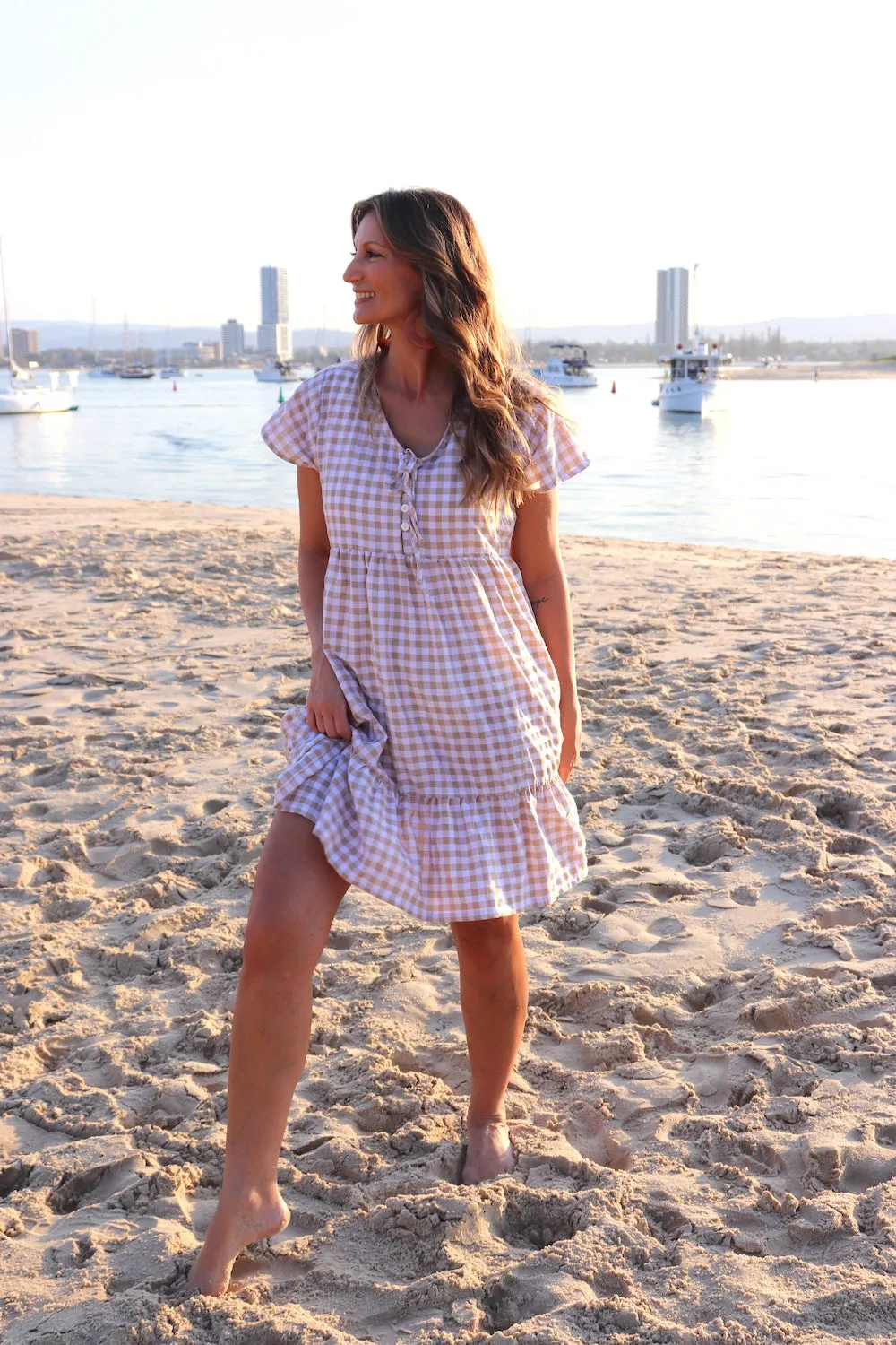 Baby Doll Button Up Dress In Cotton Gingham Taupe