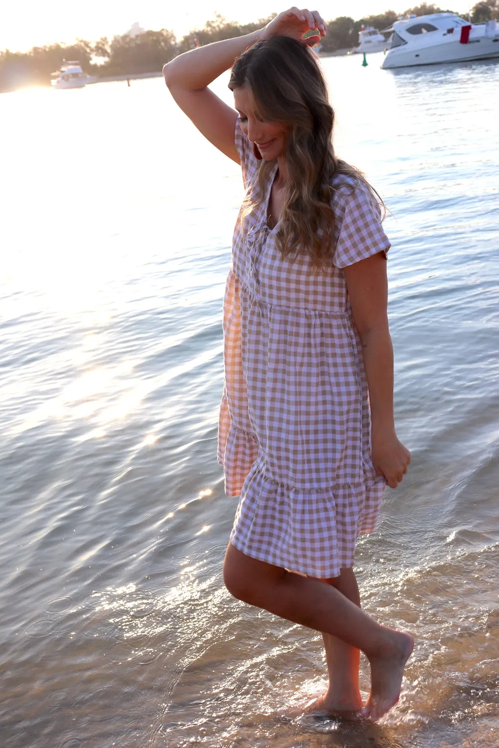 Baby Doll Button Up Dress In Cotton Gingham Taupe