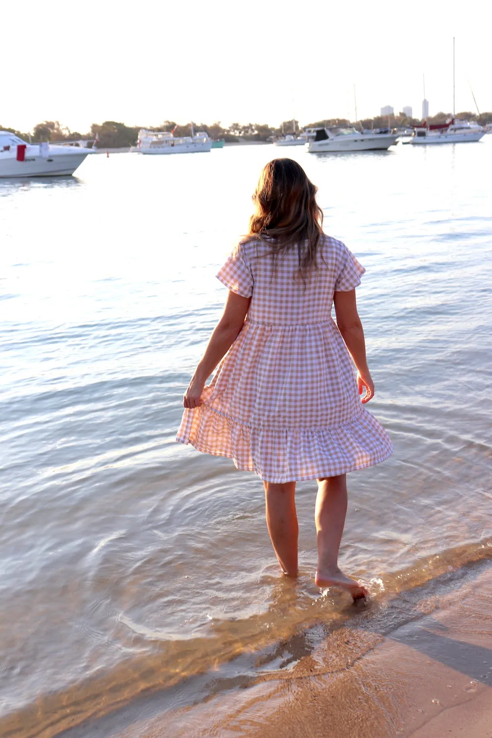 Baby Doll Button Up Dress In Cotton Gingham Taupe