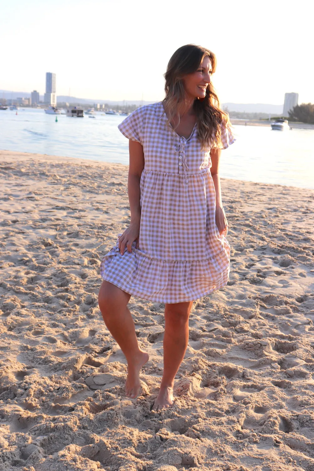 Baby Doll Button Up Dress In Cotton Gingham Taupe