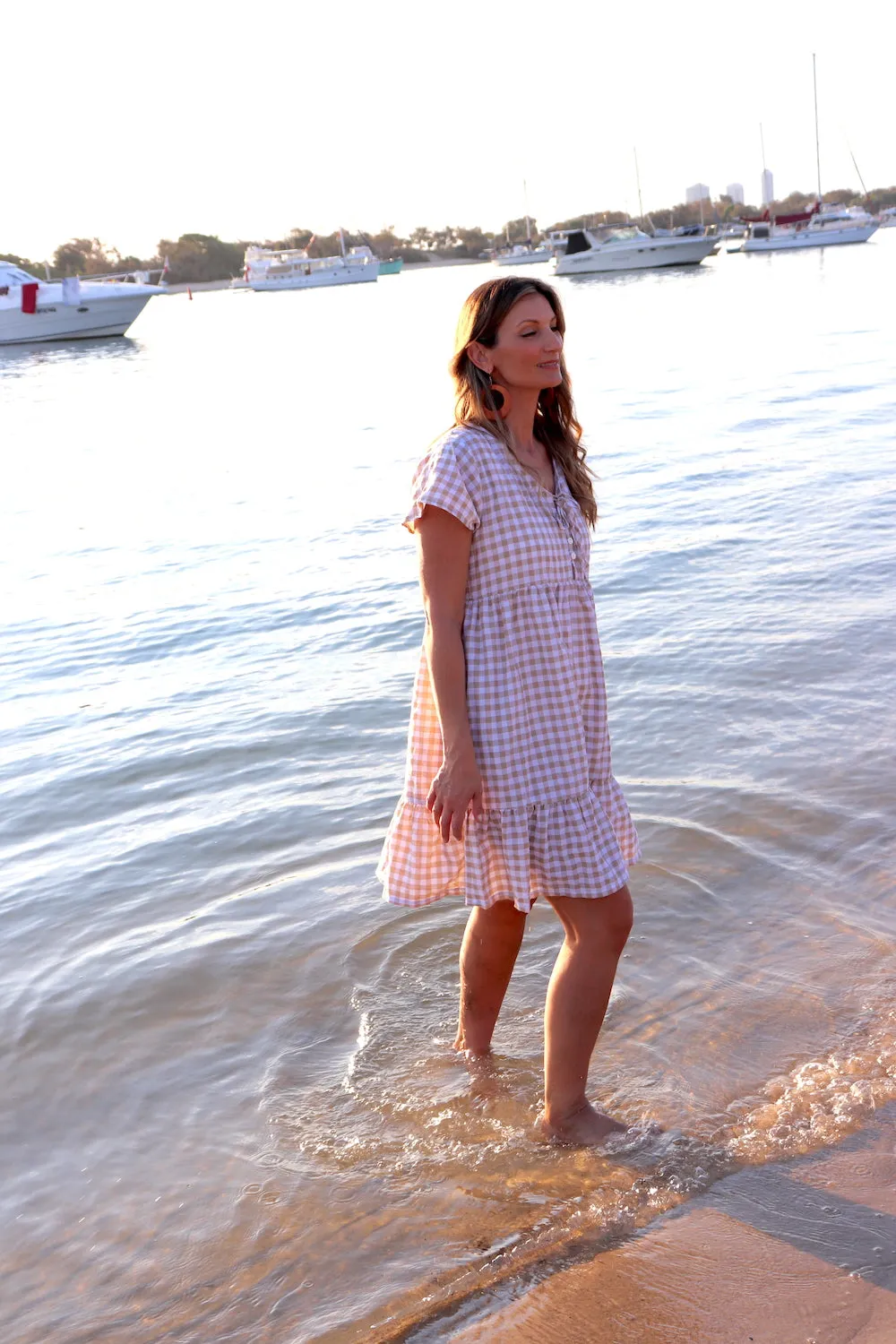 Baby Doll Button Up Dress In Cotton Gingham Taupe