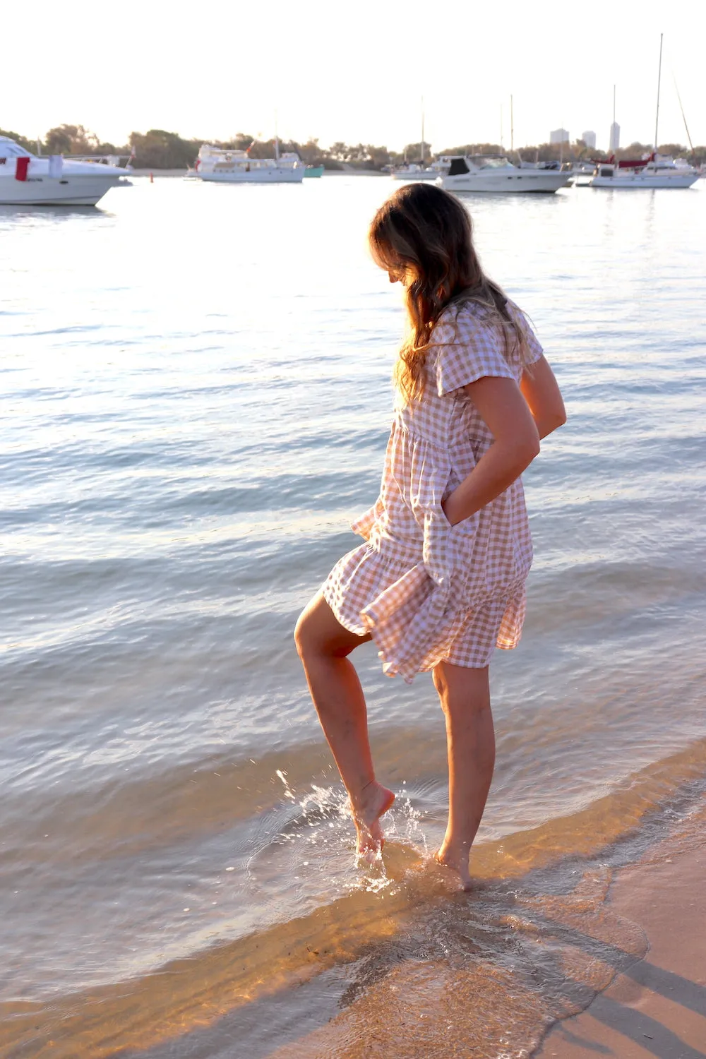 Baby Doll Button Up Dress In Cotton Gingham Taupe