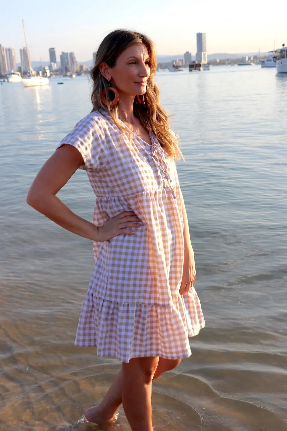 Baby Doll Button Up Dress In Cotton Gingham Taupe