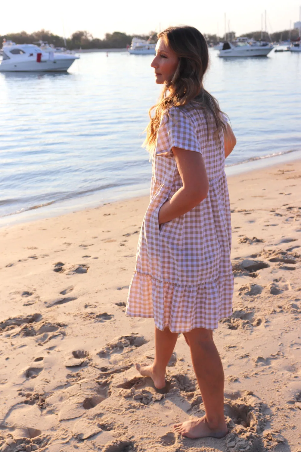 Baby Doll Button Up Dress In Cotton Gingham Taupe