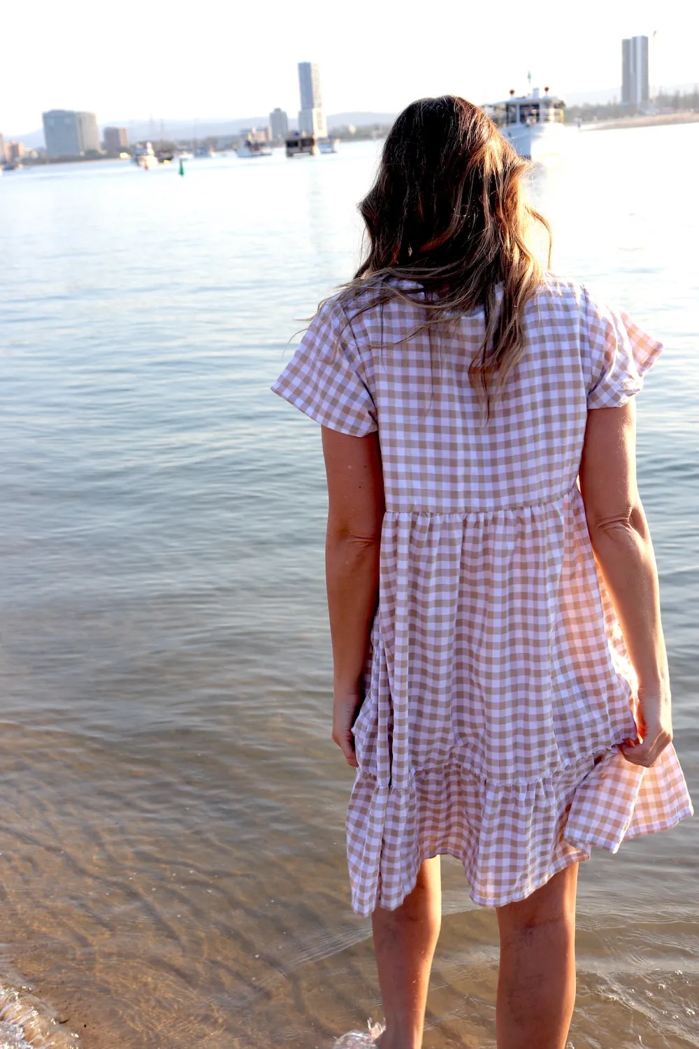 Baby Doll Button Up Dress In Cotton Gingham Taupe