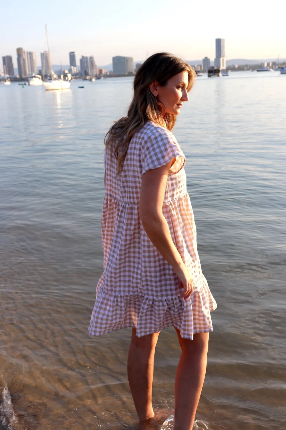 Baby Doll Button Up Dress In Cotton Gingham Taupe