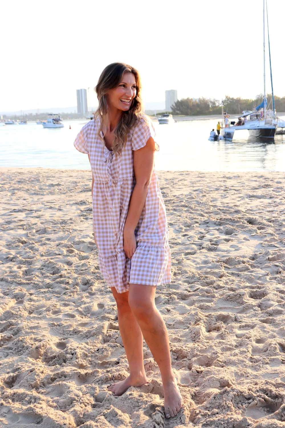 Baby Doll Button Up Dress In Cotton Gingham Taupe