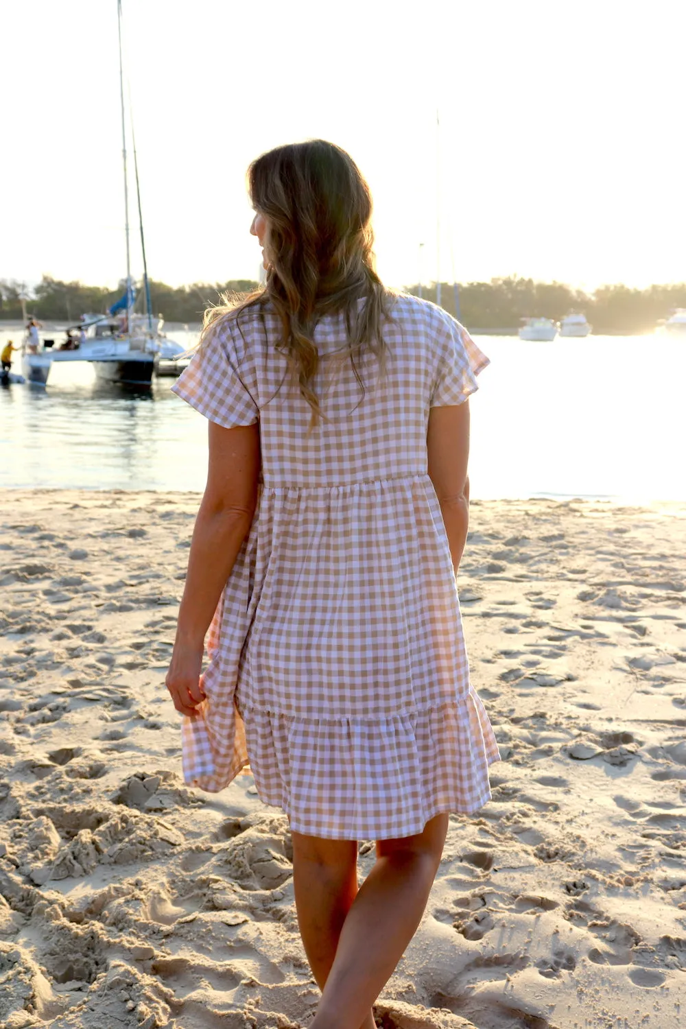 Baby Doll Button Up Dress In Cotton Gingham Taupe