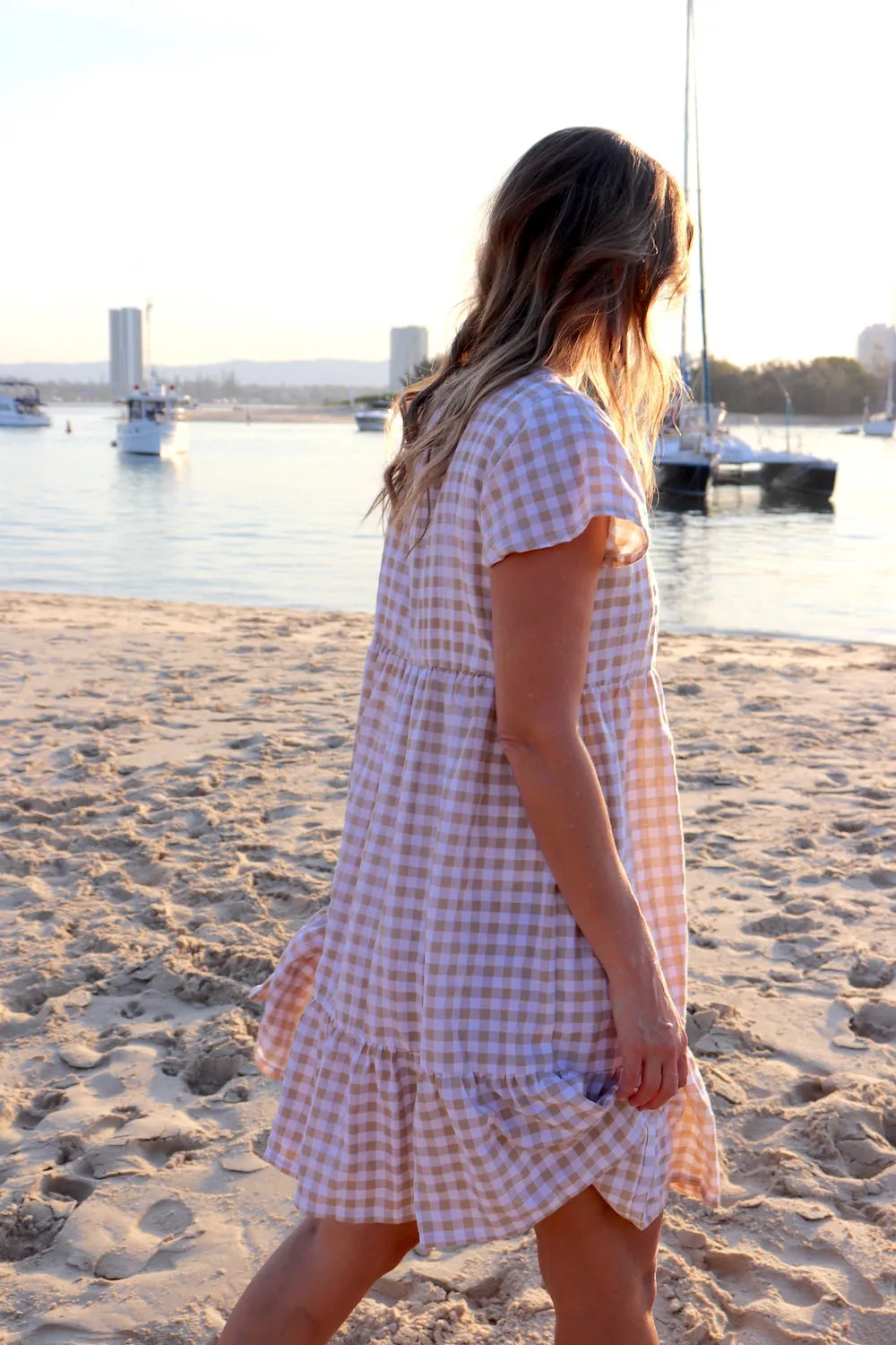 Baby Doll Button Up Dress In Cotton Gingham Taupe