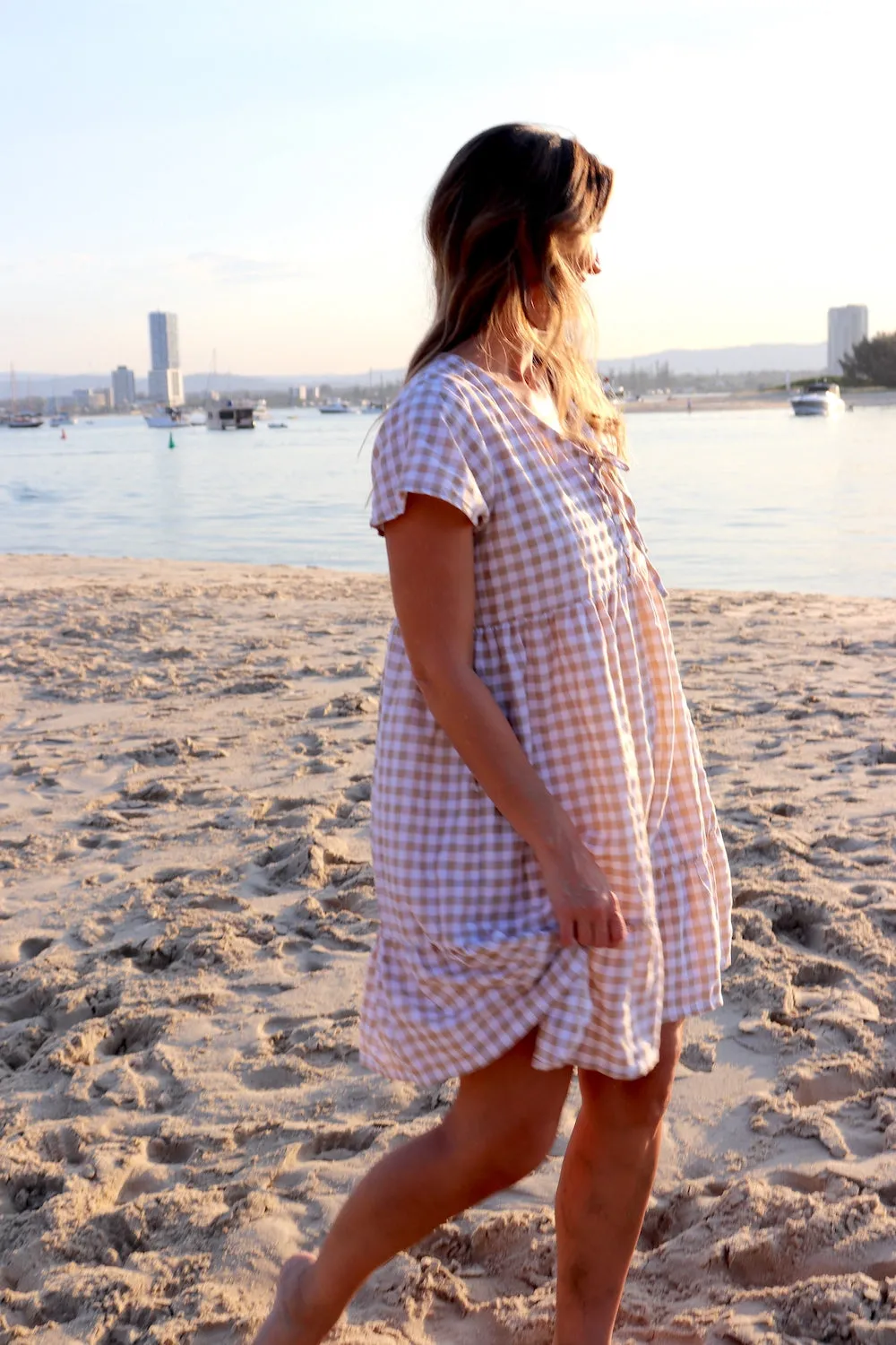 Baby Doll Button Up Dress In Cotton Gingham Taupe