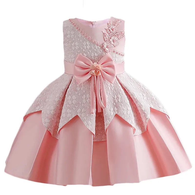 Baby Toddler Girls Lace Flower Dress With Pearl First Princess Birthday Party Dress