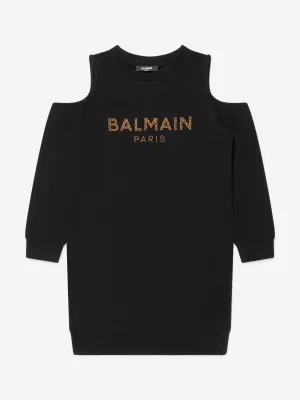 Balmain Girls Cotton Branded Open Shoulder Dress