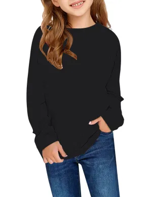 Black Plain Color Crew Neckline Pullover Girls' Top