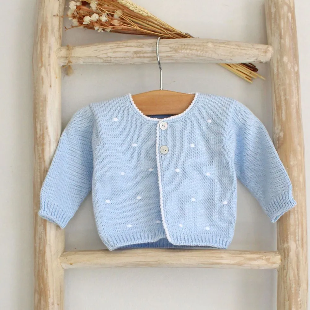 Blue Knitted Cardigan with Hand Embroidered White Dots