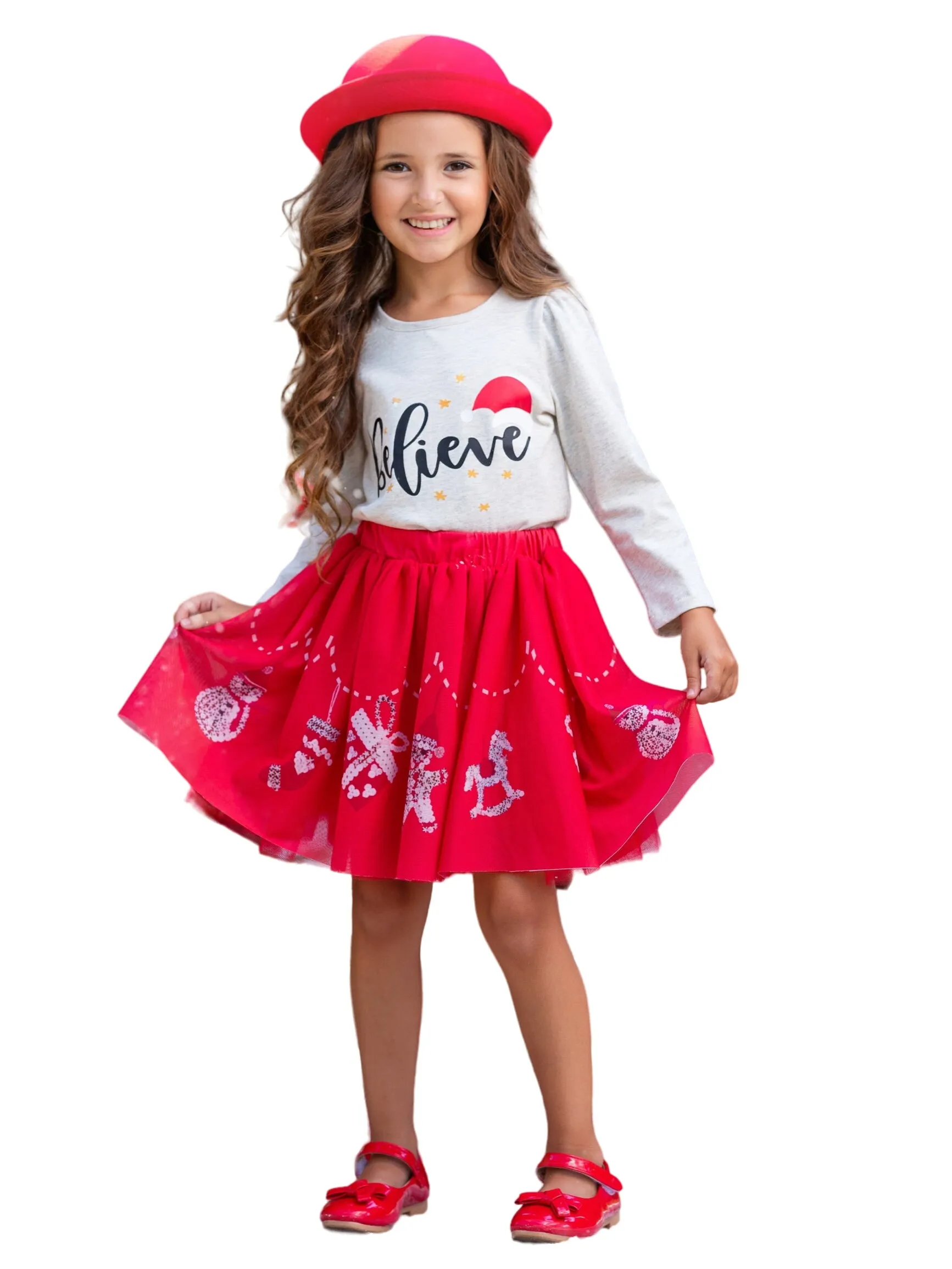 Celebrate Magic Ruffle Top And Christmas Print Skirt Set