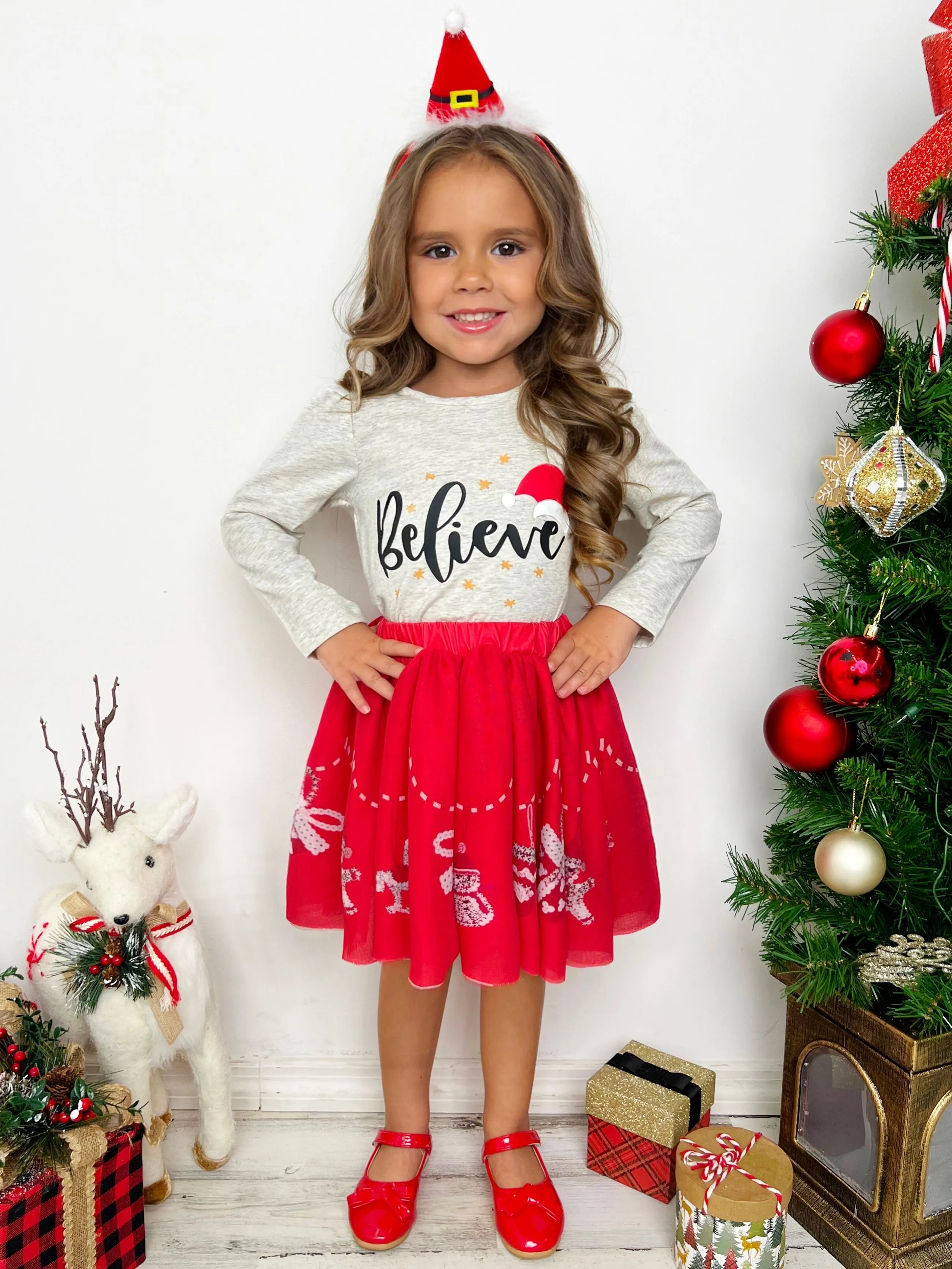 Celebrate Magic Ruffle Top And Christmas Print Skirt Set