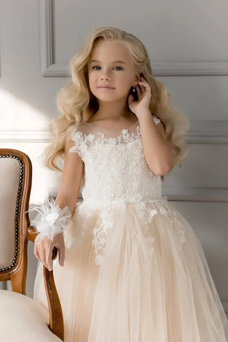 Champagne Glitter Lace Tulle Toddler Floral Ball Gown