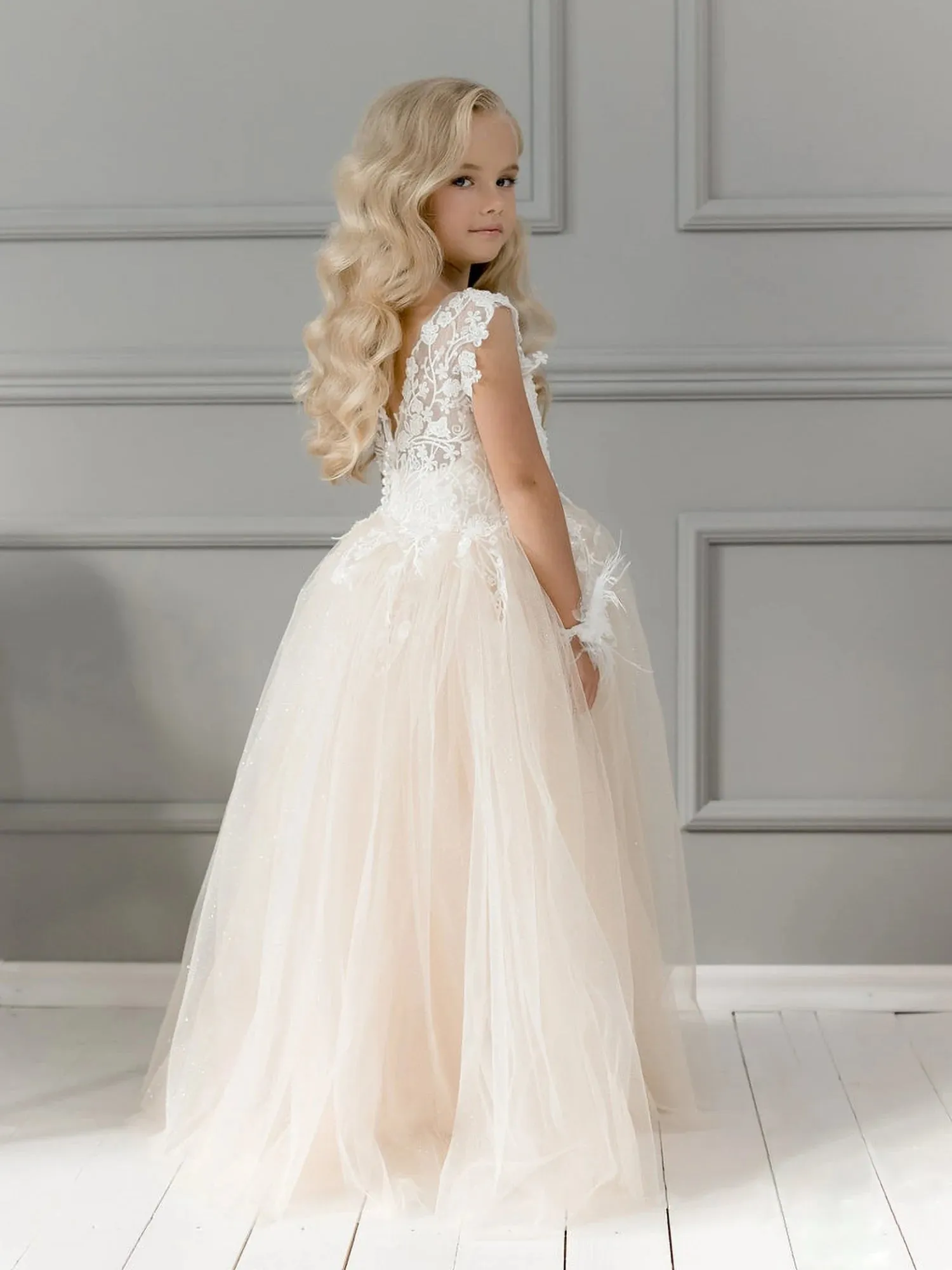 Champagne Glitter Lace Tulle Toddler Floral Ball Gown