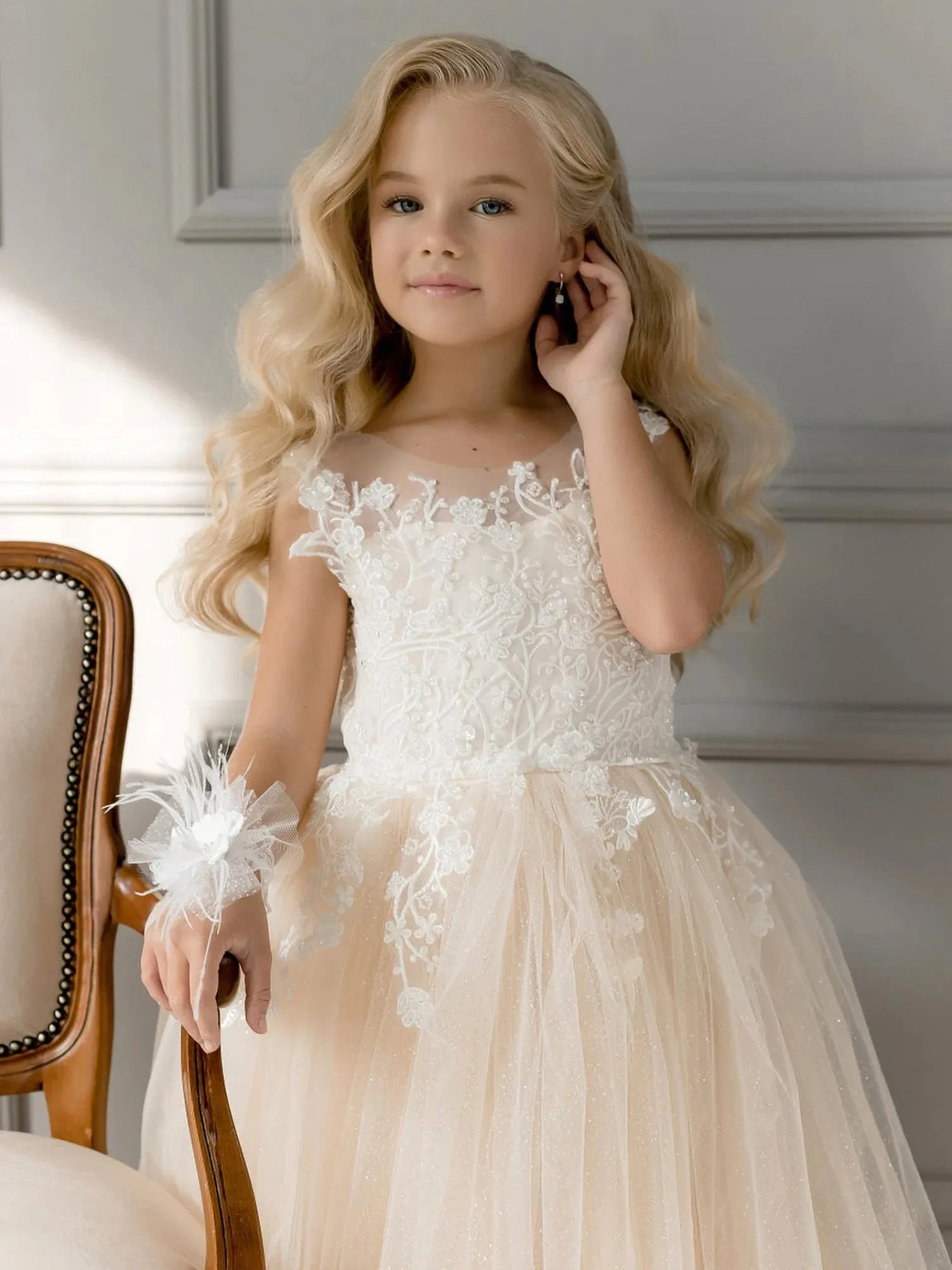 Champagne Glitter Lace Tulle Toddler Floral Ball Gown