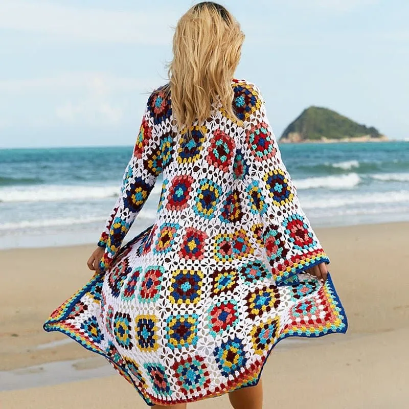 Colorful Crochet Beachwear Cover Up - Bohemian Chic Cardigan Dress for Women