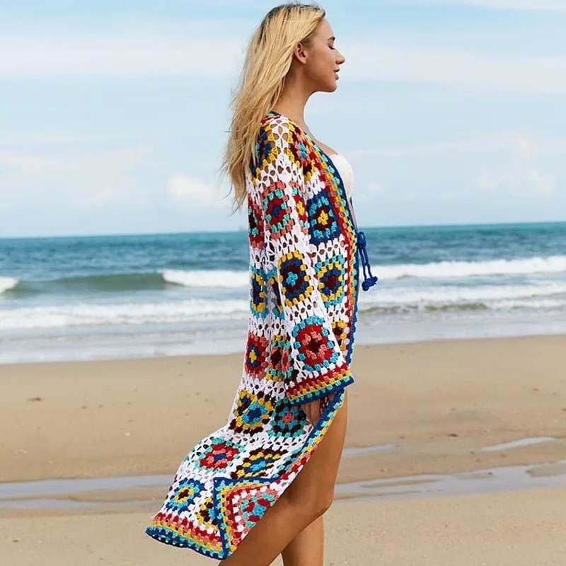 Colorful Crochet Beachwear Cover Up - Bohemian Chic Cardigan Dress for Women