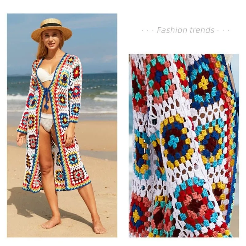 Colorful Crochet Beachwear Cover Up - Bohemian Chic Cardigan Dress for Women