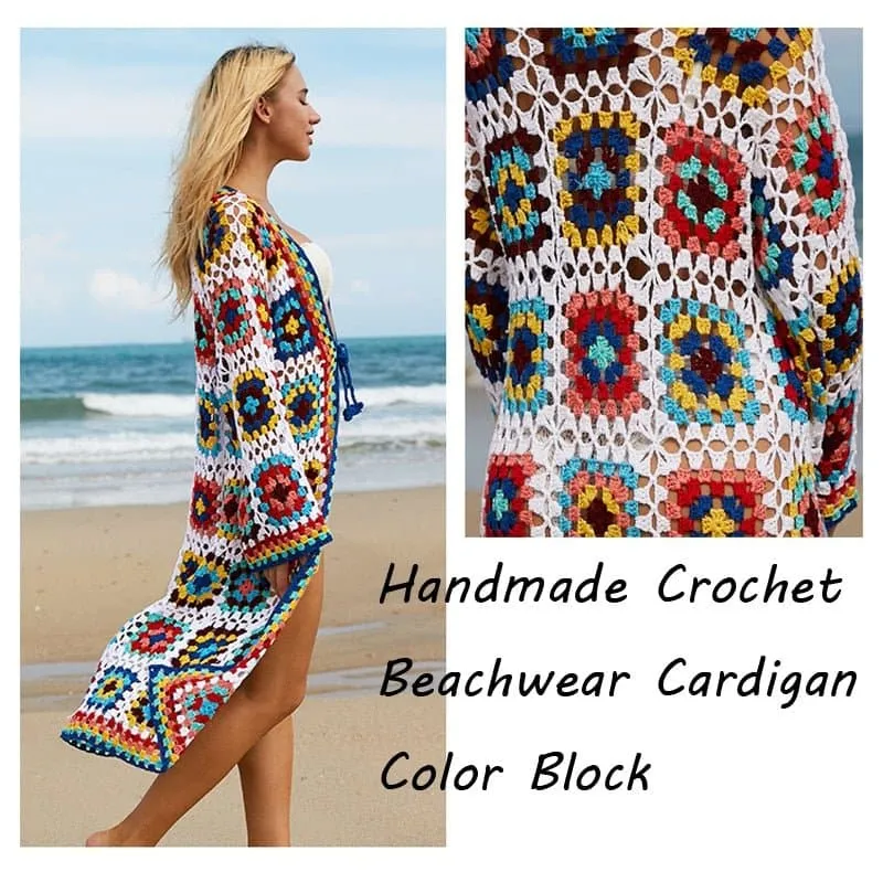 Colorful Crochet Beachwear Cover Up - Bohemian Chic Cardigan Dress for Women