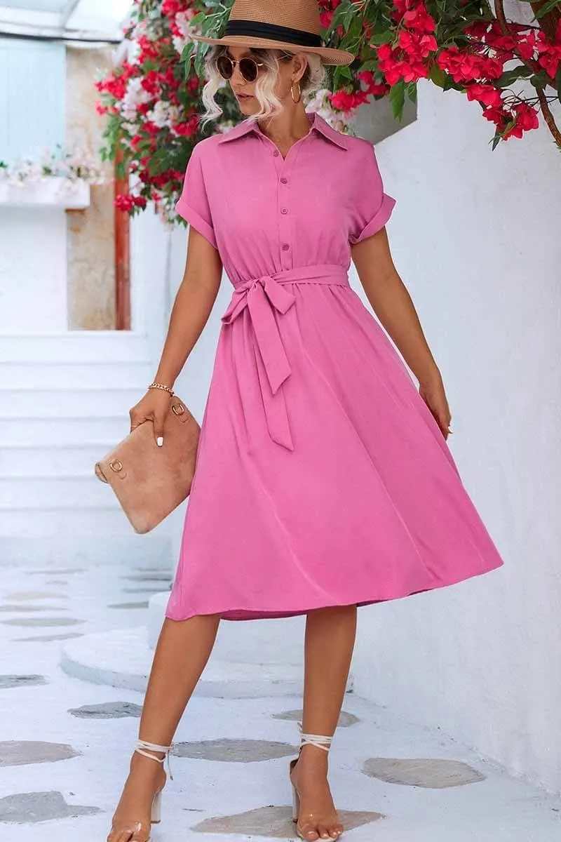 Cuffed Short Sleeve Belted Shirt Dress