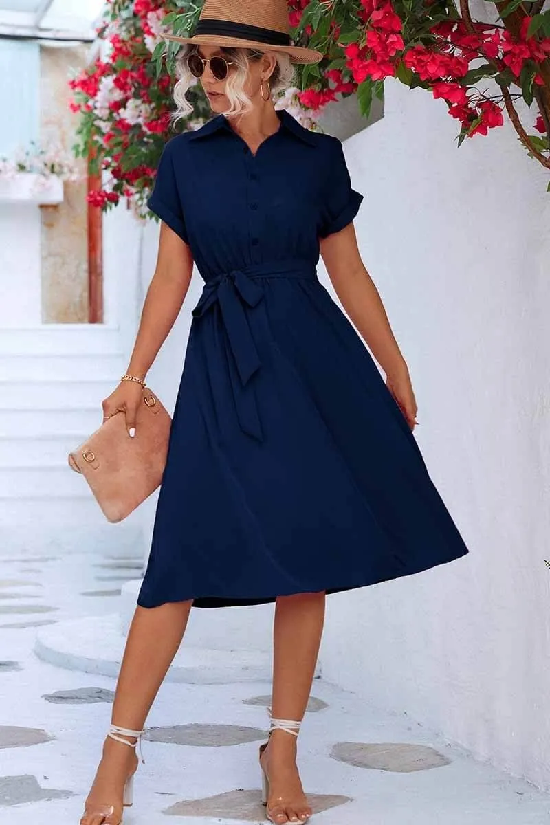 Cuffed Short Sleeve Belted Shirt Dress