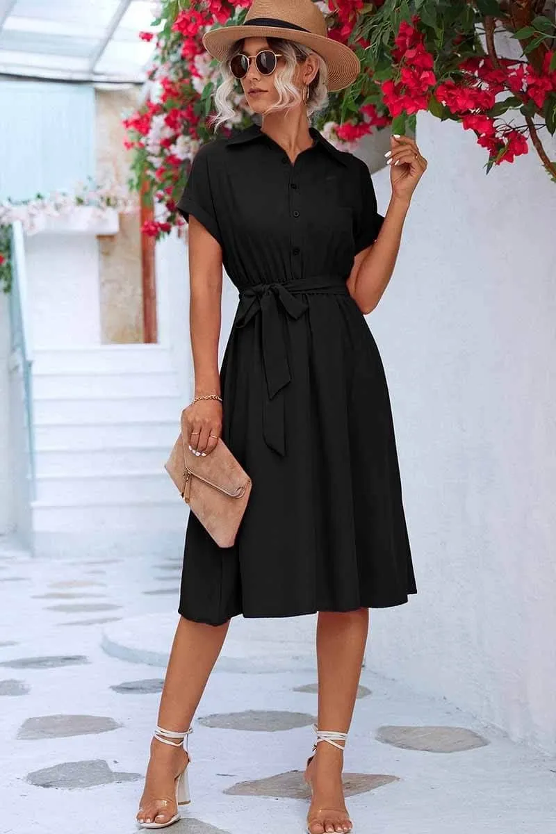 Cuffed Short Sleeve Belted Shirt Dress