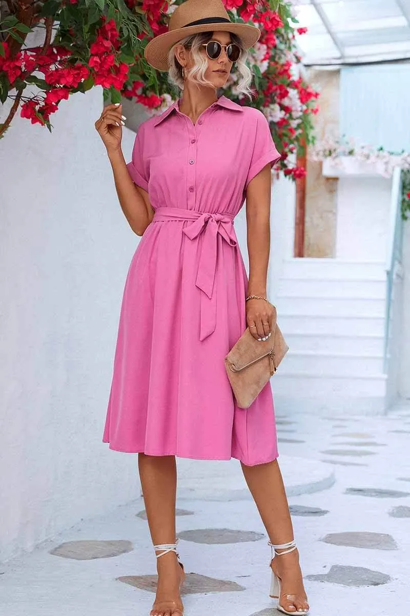 Cuffed Short Sleeve Belted Shirt Dress