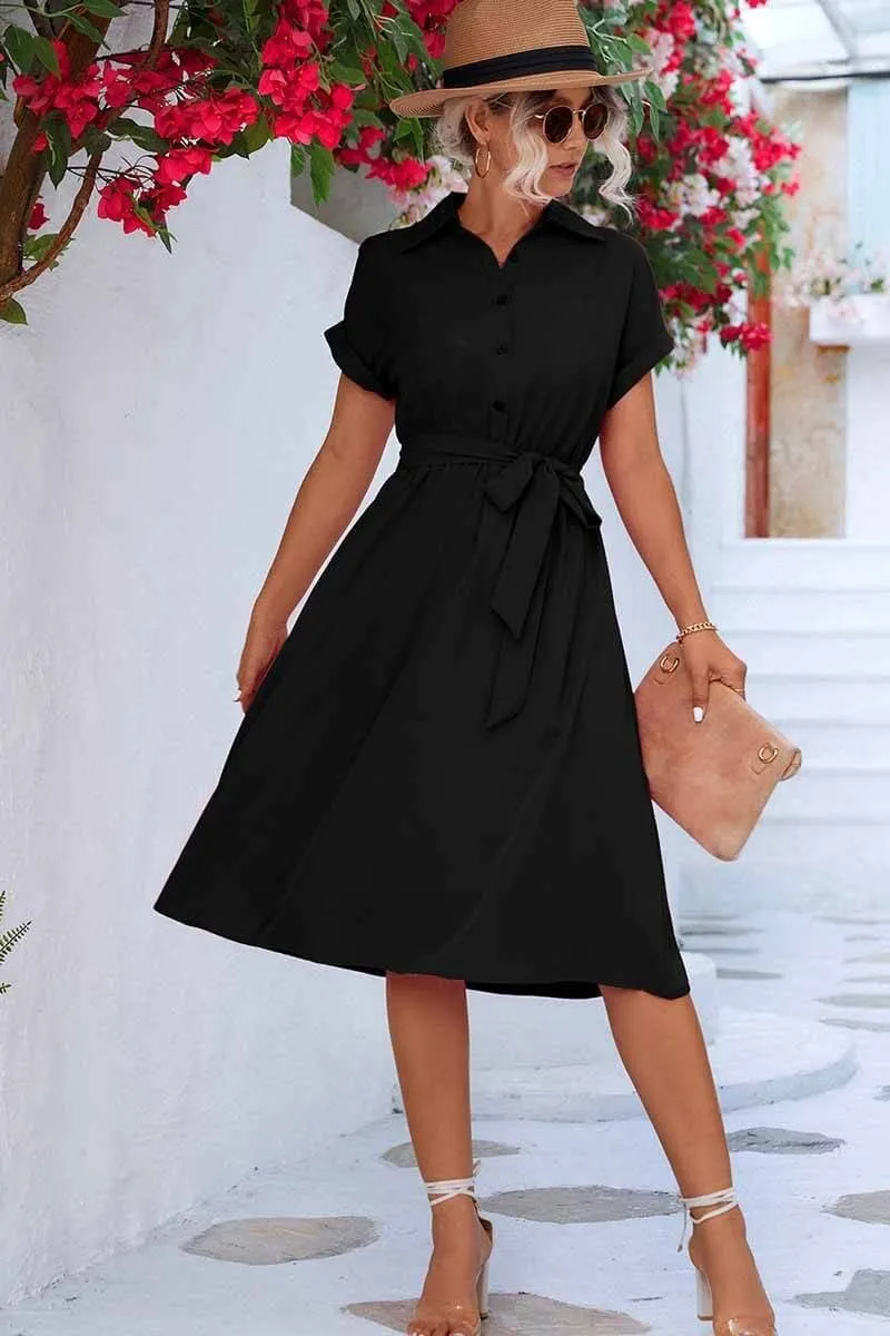 Cuffed Short Sleeve Belted Shirt Dress