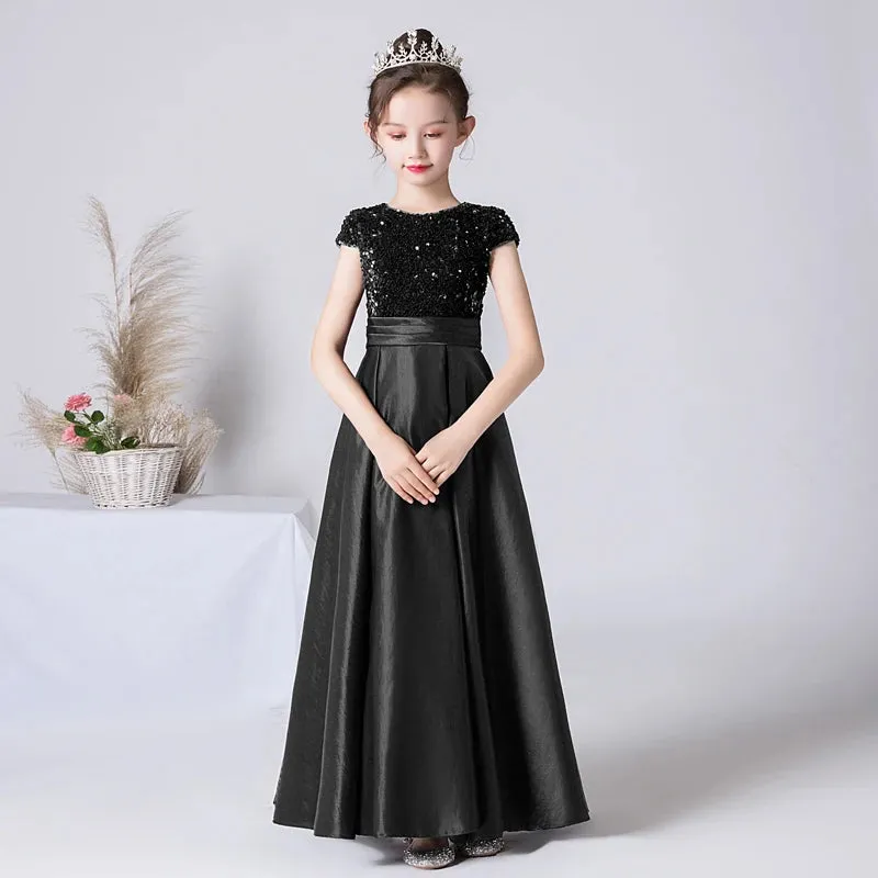 Elegant Satin Sequin Girl Dress Formal Princess Party Gown