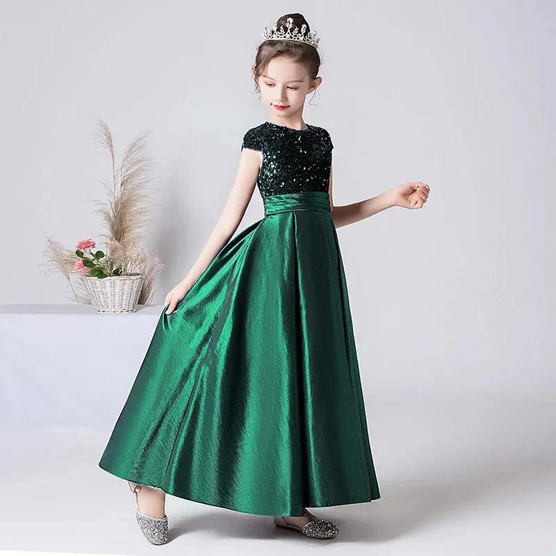 Elegant Satin Sequin Girl Dress Formal Princess Party Gown