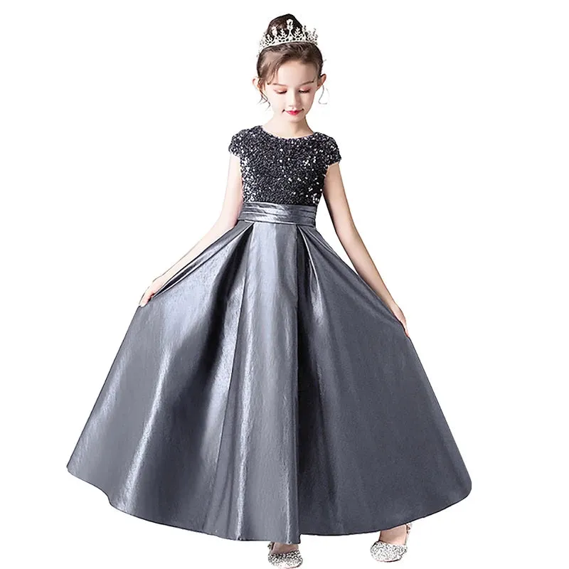 Elegant Satin Sequin Girl Dress Formal Princess Party Gown