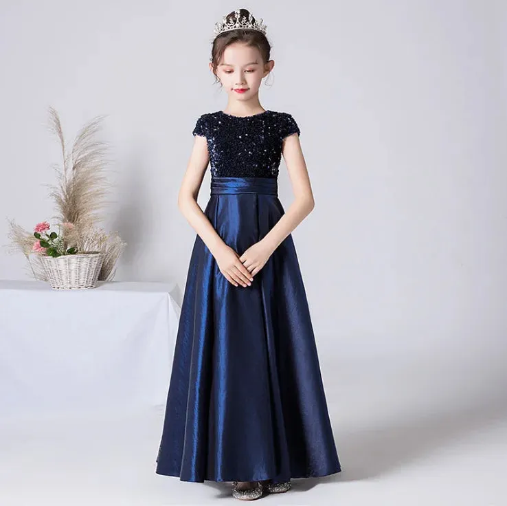 Elegant Satin Sequin Girl Dress Formal Princess Party Gown