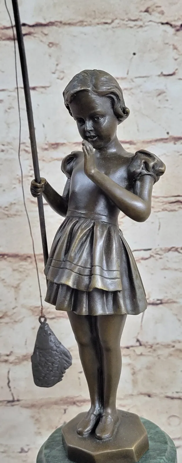 Figurine of Young Girl Fishing Hot Cast Bronze Art Sculpture Green Marble Base