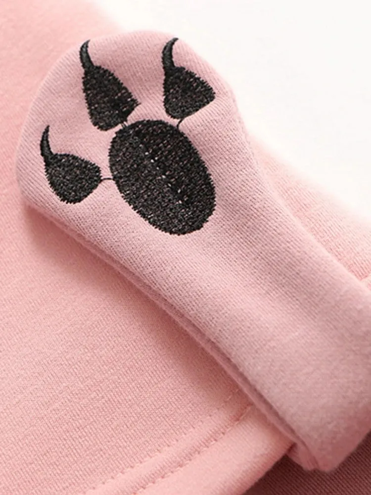 Fleece Pink Winter Hooded Sweatshirt Cartoon Cat Print Cute Hoodies Sweet Style Girl Long Sleeve Kawaii Harakuju Pullover Top