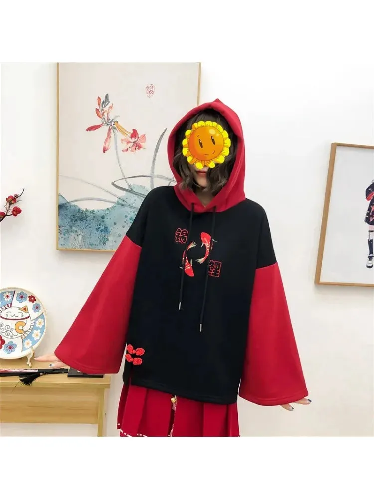 Fleece Women's Hooded Sweatshirt Cartoon Embroidery Hoodies Flare Sleeve Pullover Tracksuits Winter Clothes For Sweet Girl